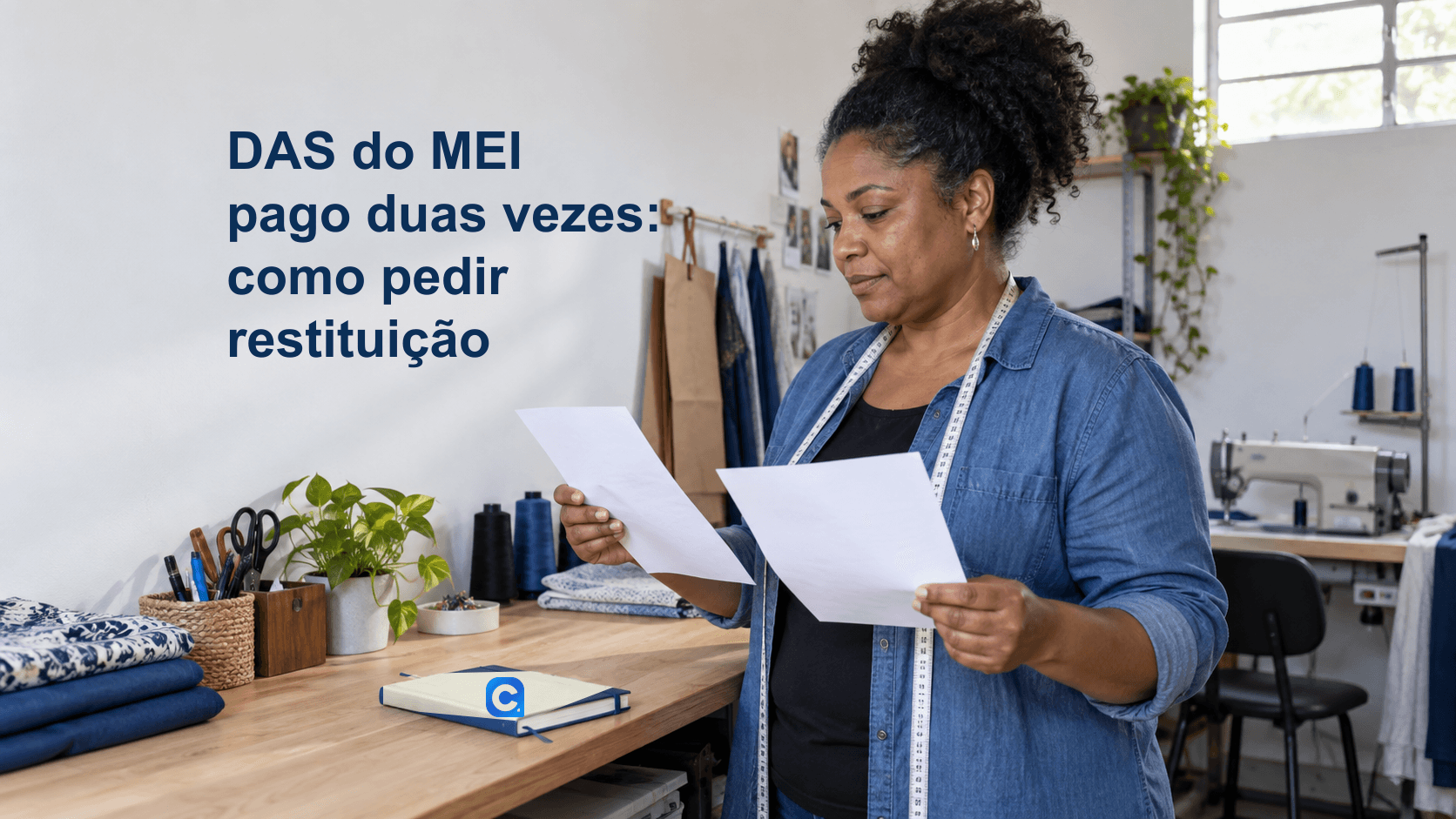 Microempreendedora compara dois papéis em oficina de costura, com caderno claro na bancada e símbolo Meu Consig.