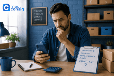 Trabalhador de empresa pequena analisando Crédito CLT pelo celular
