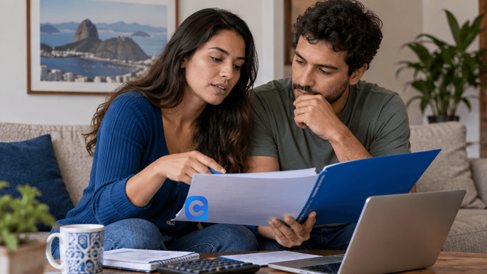 Casal compara condições de seguro e orçamento doméstico antes de contratar crédito
