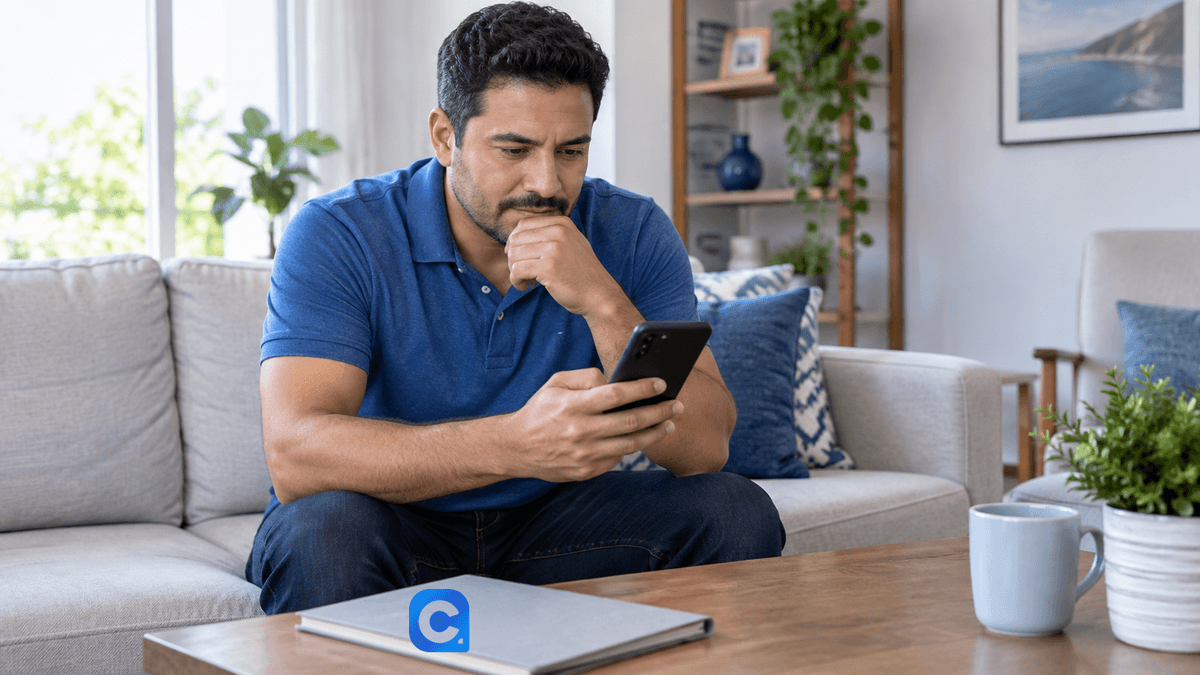 Homem de camisa polo azul verifica o celular com expressão preocupada.