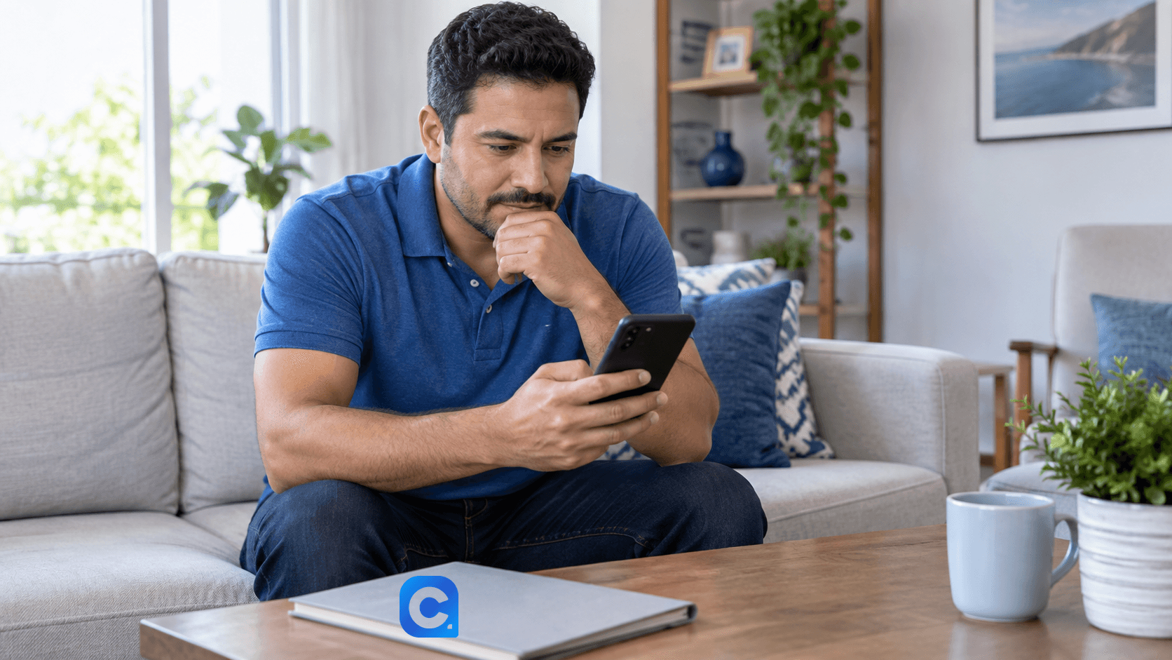 Homem de camisa polo azul verifica o celular com expressão preocupada.
