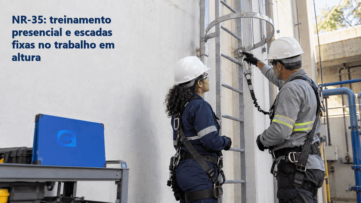 Trabalhadora e instrutor com capacetes e cintos de segurança conferem uma escada fixa vertical; pasta azul no carrinho.