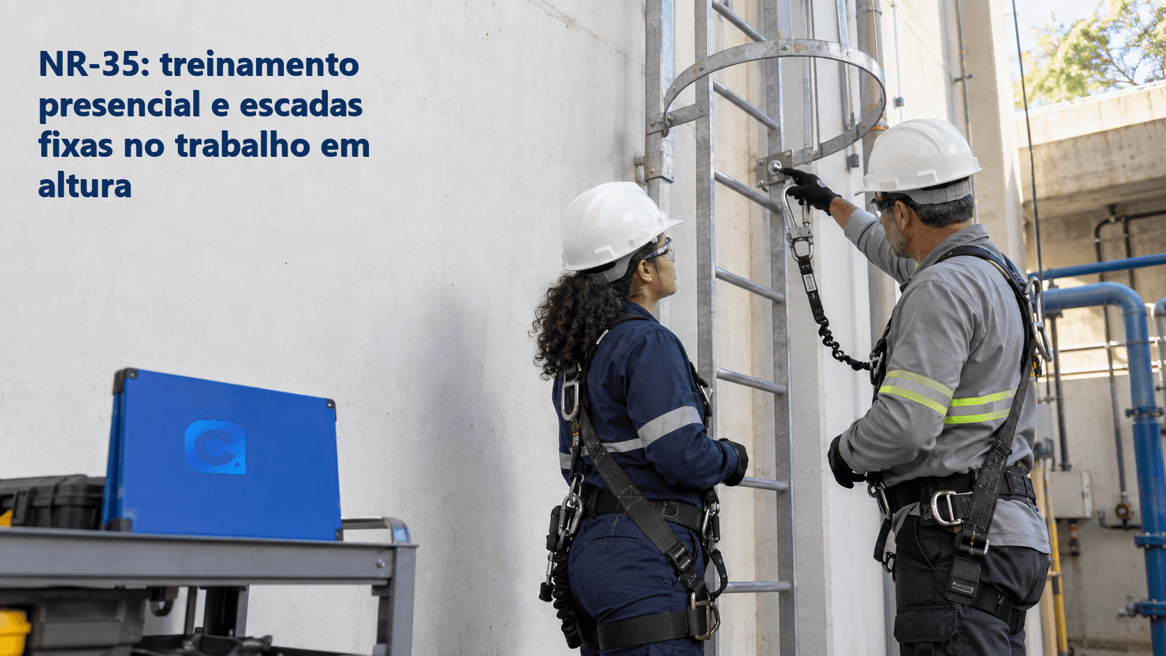 Trabalhadora e instrutor com capacetes e cintos de segurança conferem uma escada fixa vertical; pasta azul no carrinho.