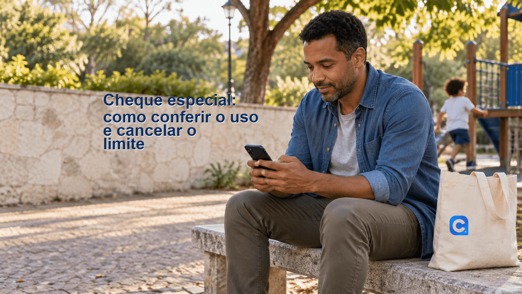 Homem sentado em um banco de parque confere o celular, com uma bolsa de lona ao lado e uma criança ao fundo.