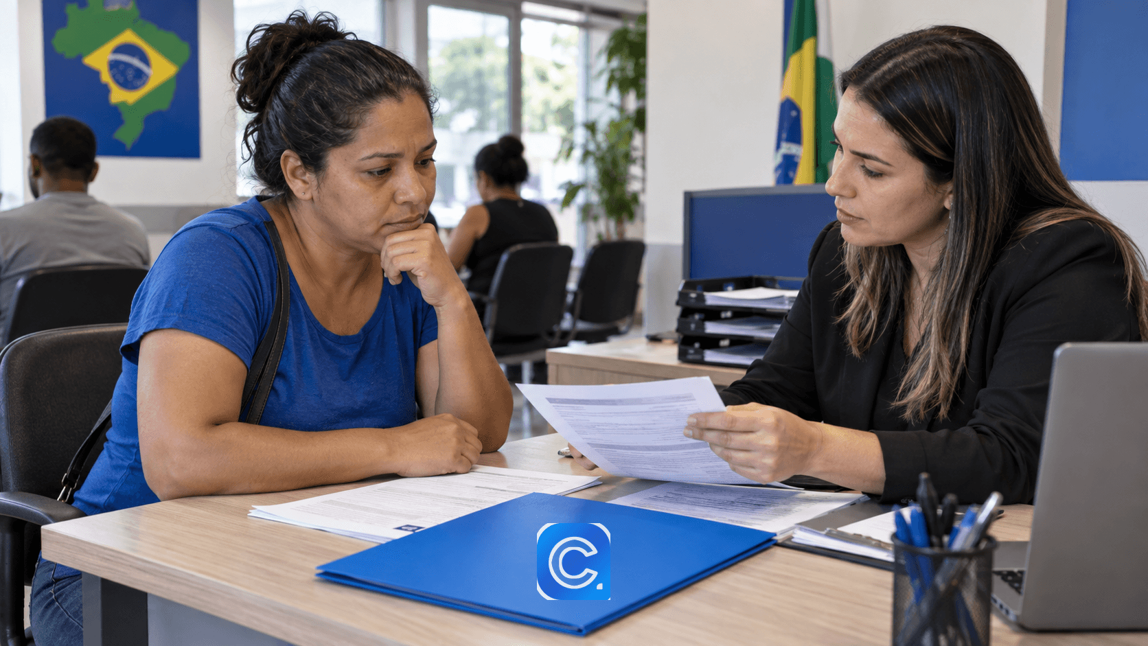 Foto editorial sobre seguro-desemprego negado: como consultar e recorrer, com o símbolo do Meu Consig.