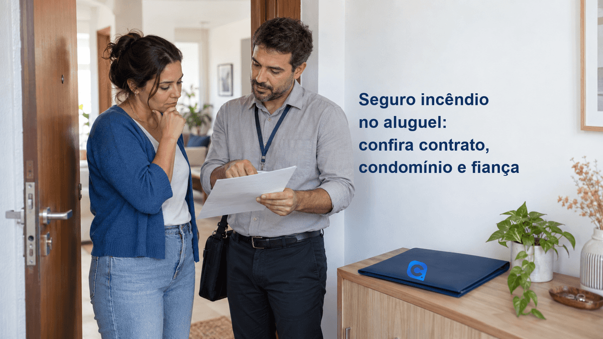 Inquilina e representante conferem um documento na entrada de um apartamento; uma pasta azul está sobre o aparador.