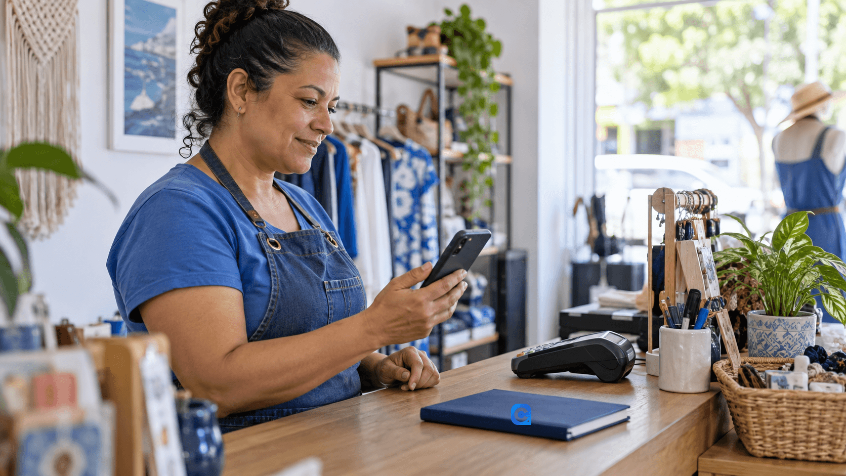 Pequena comerciante confere no celular um pagamento enquanto atende no balcão de sua loja.