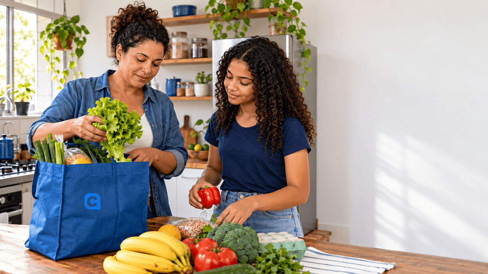 Mae e filha organizam alimentos na cozinha, com uma sacola azul de compras sobre a mesa.
