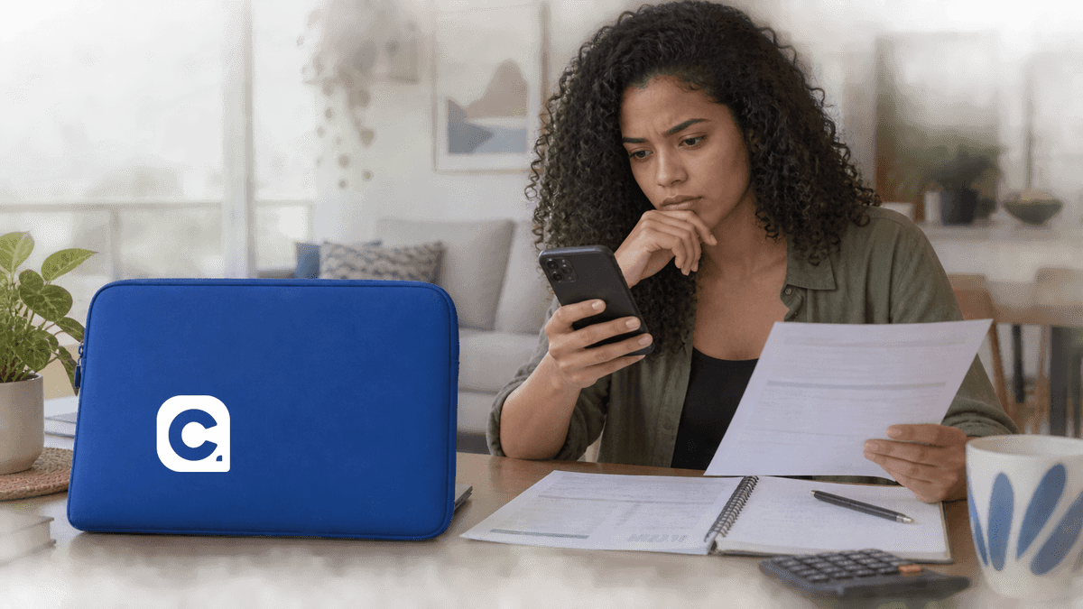 Mulher compara proposta de empréstimo online no celular diante de computador azul com símbolo Meu Consig.