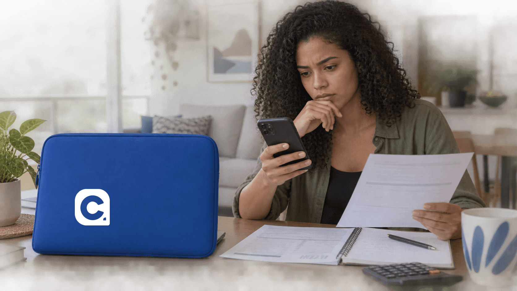 Mulher compara proposta de empréstimo online no celular diante de computador azul com símbolo Meu Consig.