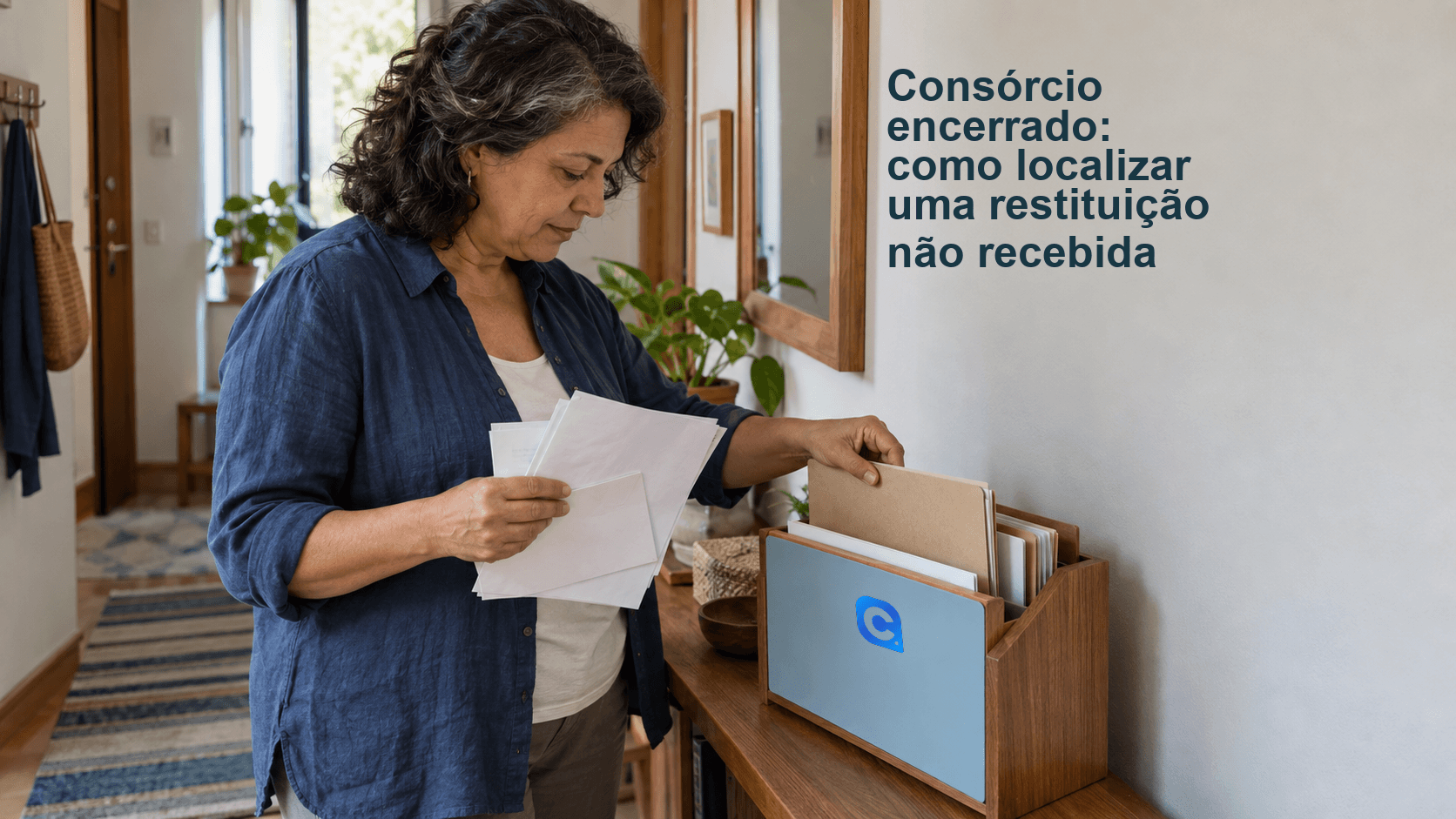 Mulher procura documentos antigos em um organizador doméstico de madeira com painel azul e símbolo Meu Consig discreto.