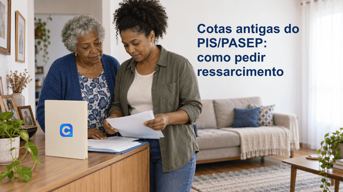 Mulher idosa e familiar organizam documentos em sala doméstica, com símbolo Meu Consig na pasta.