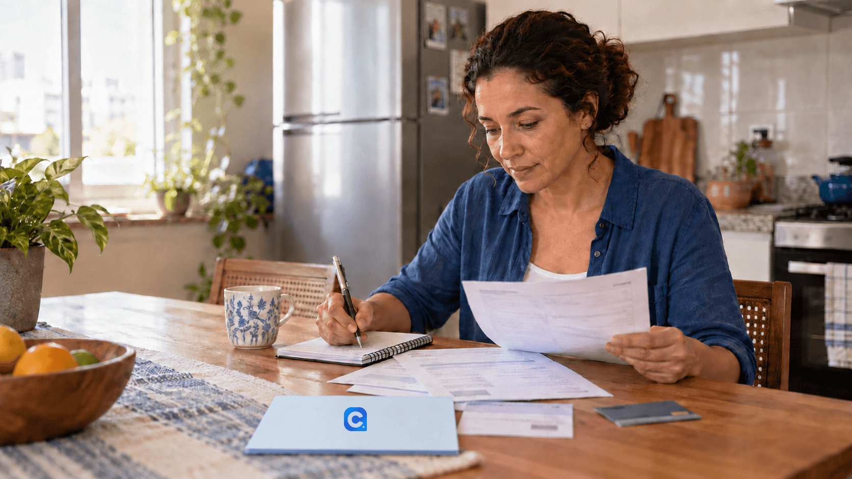 Mulher adulta analisa documentos financeiros em uma mesa, com pasta azul-clara e símbolo oficial do Meu Consig aplicado à capa.