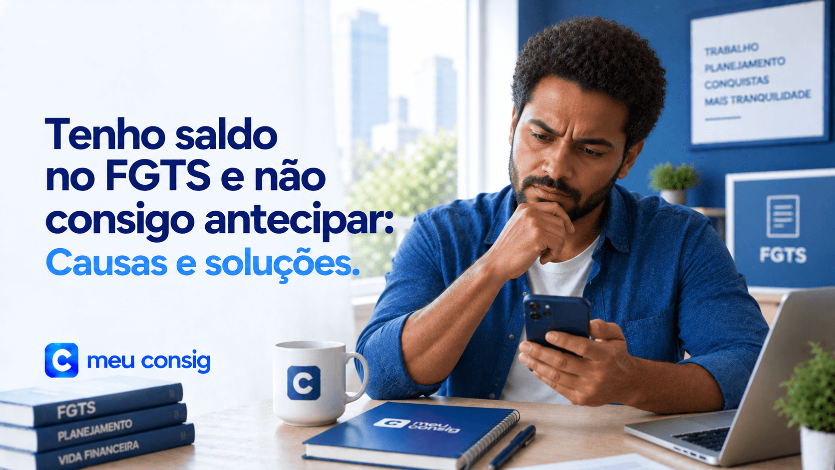 Capa Meu Consig: trabalhador confere no celular por que não consegue antecipar o FGTS.