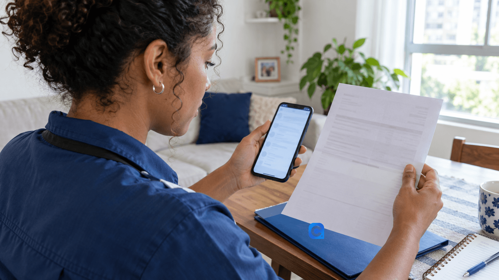 Trabalhadora confere um extrato em papel e as informações no celular, com uma pasta azul sobre a mesa.