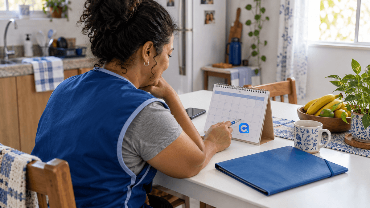 Trabalhadora em casa confere um calendário impresso após o expediente