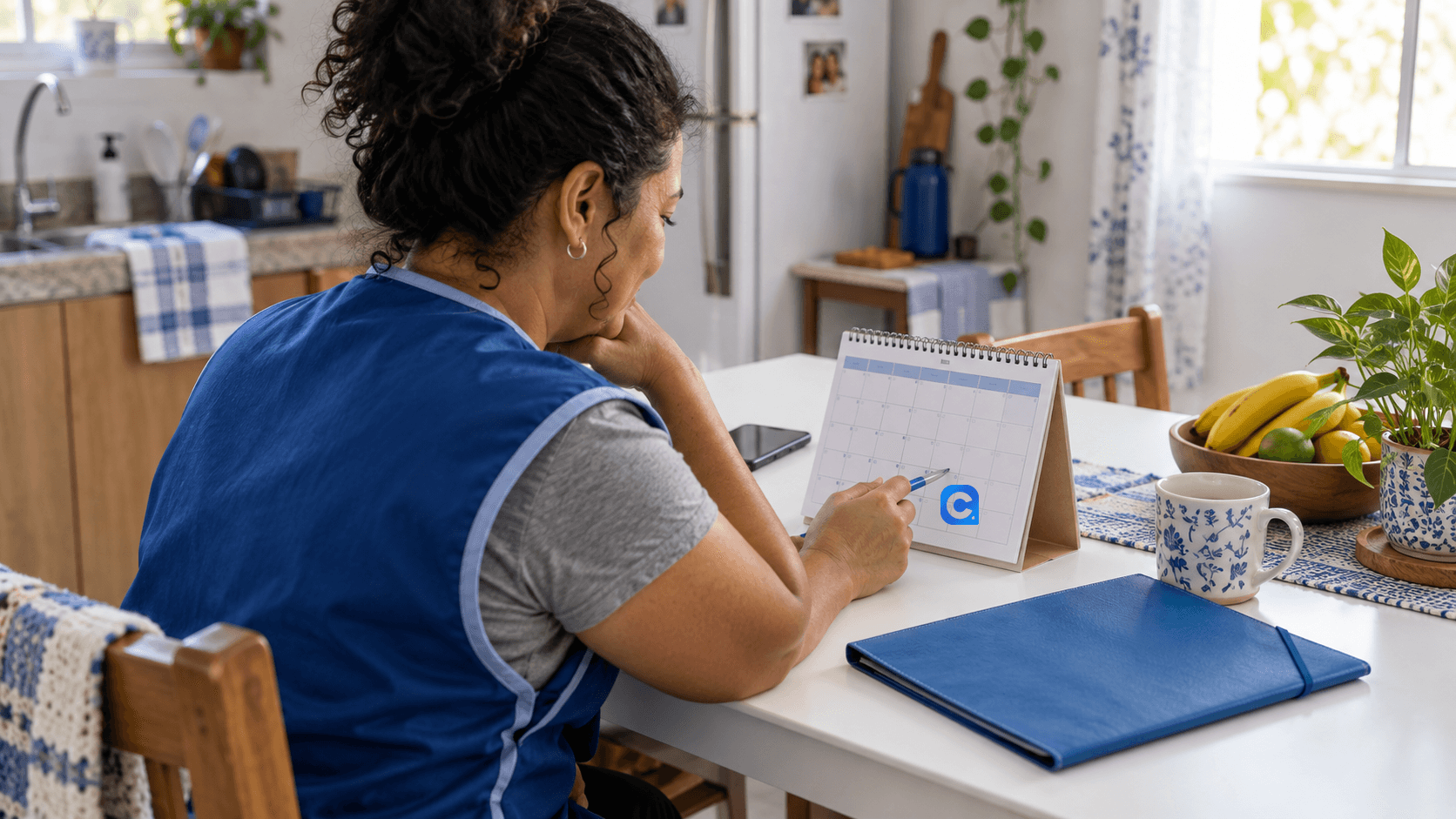 Trabalhadora em casa confere um calendário impresso após o expediente