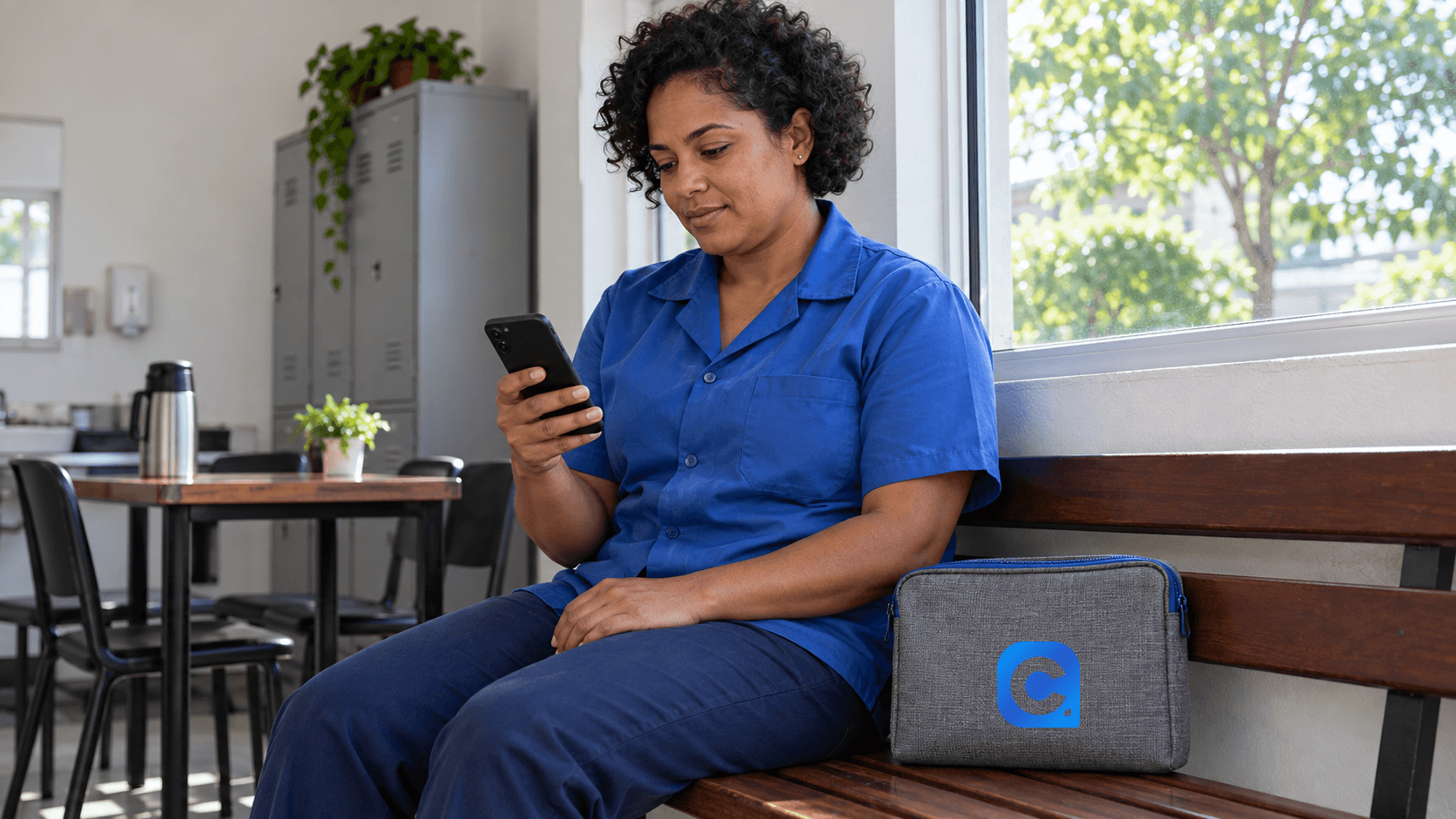 Trabalhadora de camisa azul consulta celular no intervalo, com símbolo Meu Consig na nécessaire cinza ao lado.