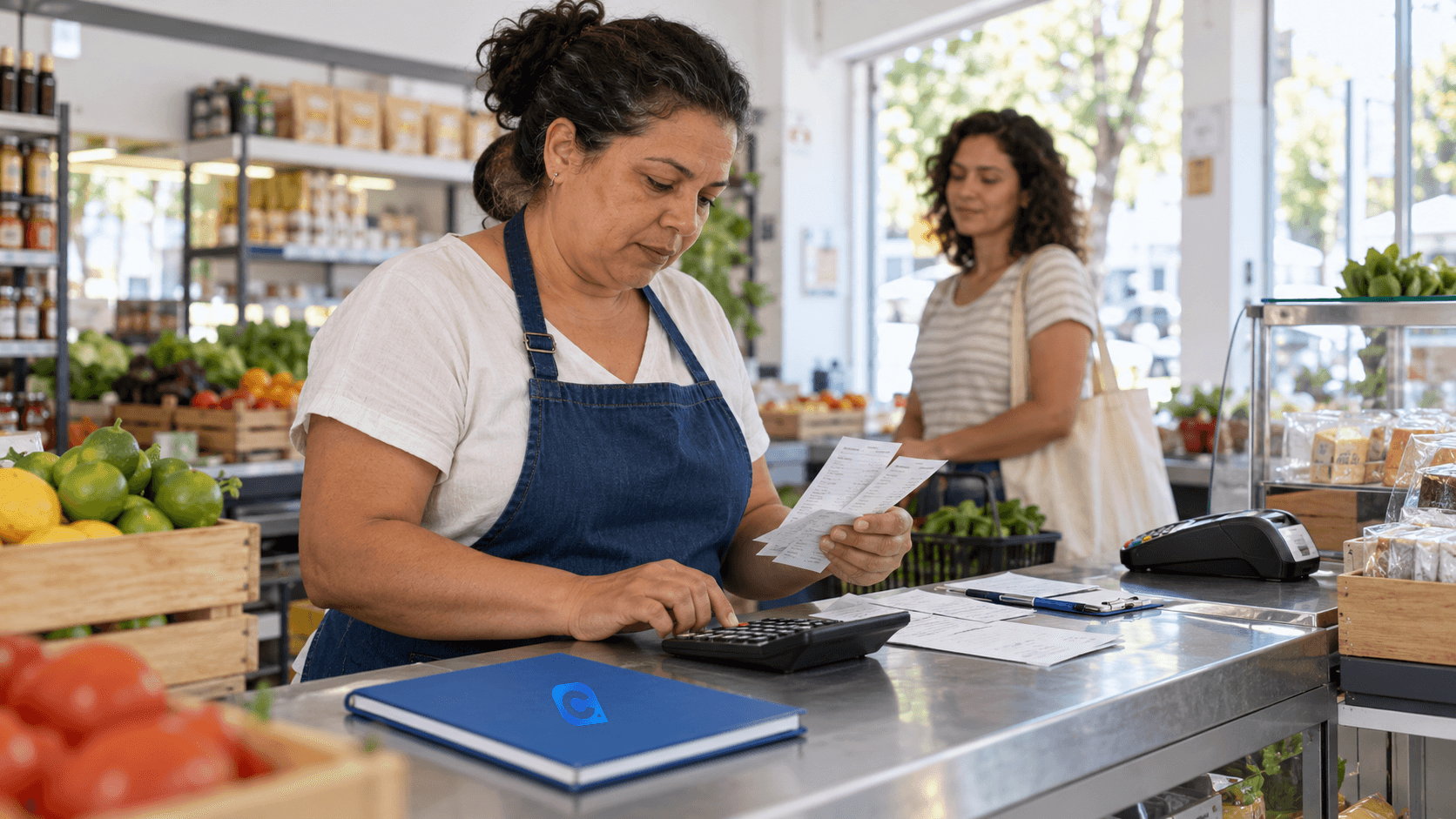 Empresária confere comprovantes de cartão e usa uma calculadora no balcão de um pequeno mercado; ao fundo, uma cliente aguarda.
