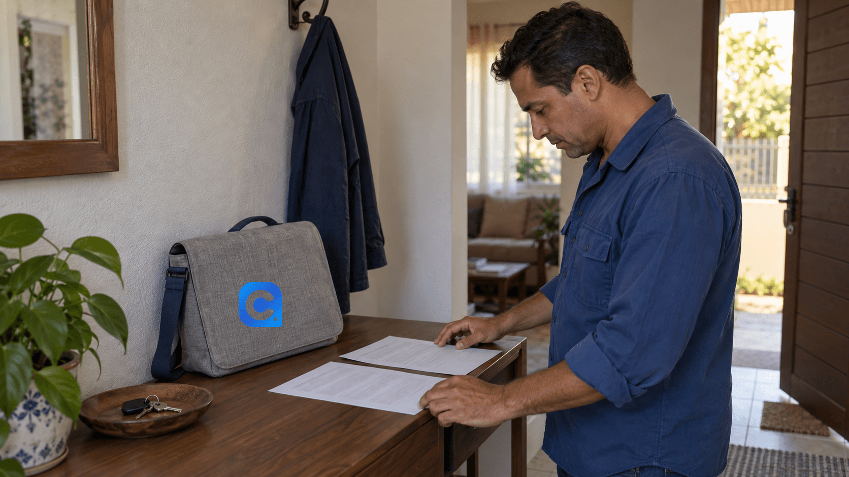 Trabalhador de camisa azul compara dois documentos no aparador da entrada de casa, com símbolo Meu Consig na bolsa cinza de trabalho.