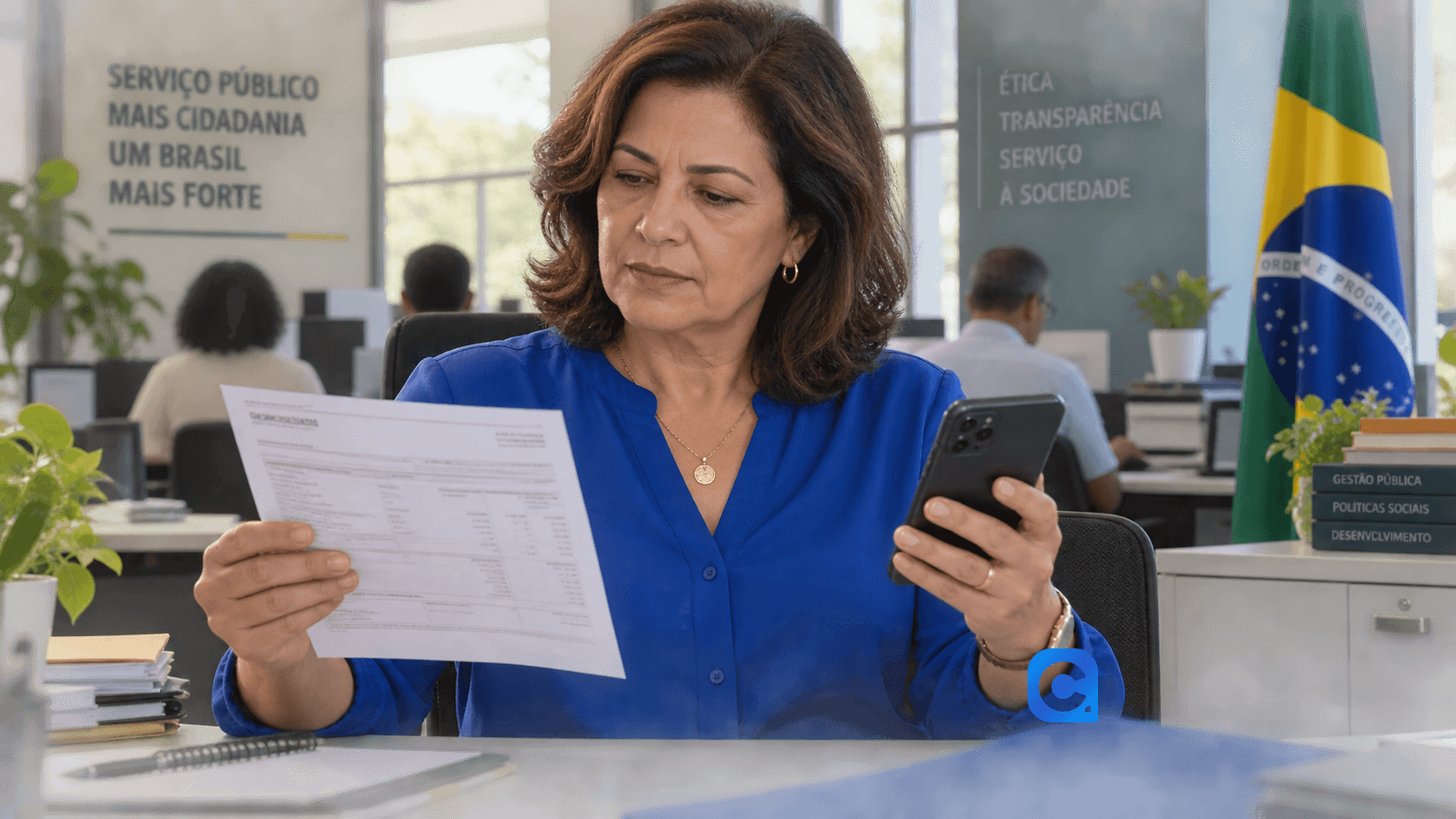 Servidora confere contracheque e aplicativo antes de comparar proposta de consignado