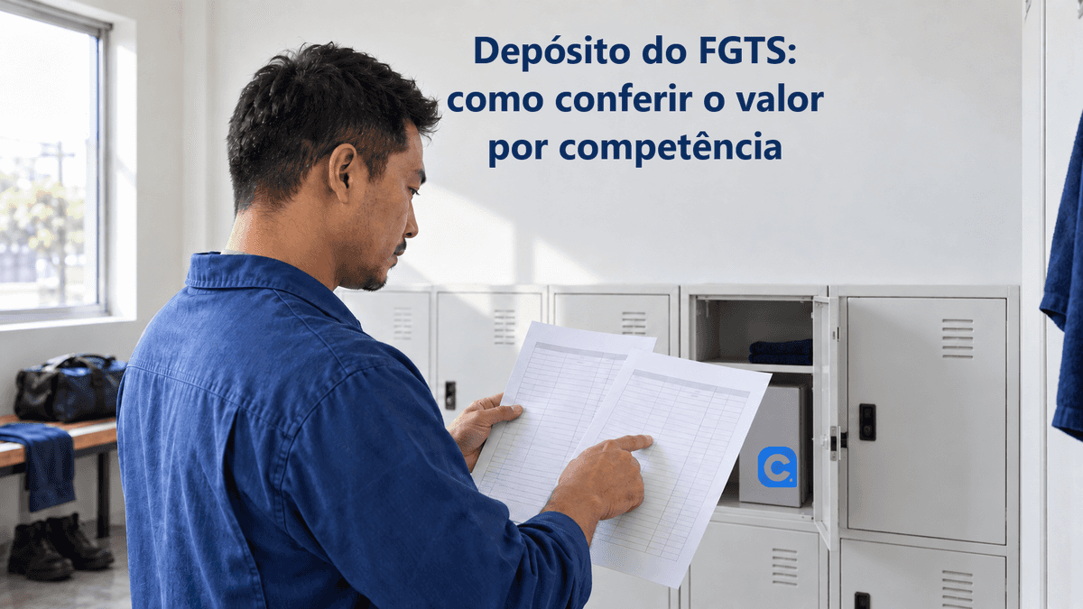 Trabalhador de uniforme azul compara dois registros de remuneração e depósito diante de armários, com símbolo Meu Consig na pasta cinza apoiada numa prateleira.