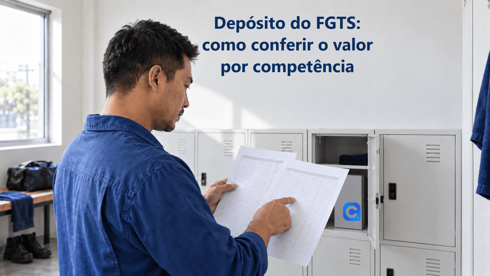 Trabalhador de uniforme azul compara dois registros de remuneração e depósito diante de armários, com símbolo Meu Consig na pasta cinza apoiada numa prateleira.