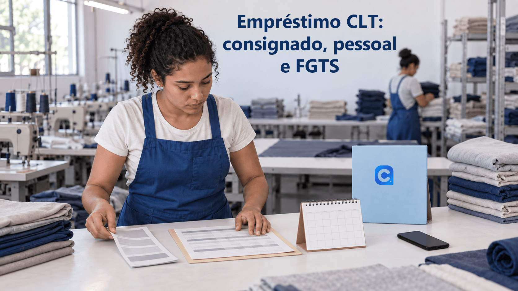 Trabalhadora de confecção com avental azul organiza dois registros e calendário durante uma pausa; uma pasta vertical apoiada na bancada traz o símbolo oficial do Meu Consig.