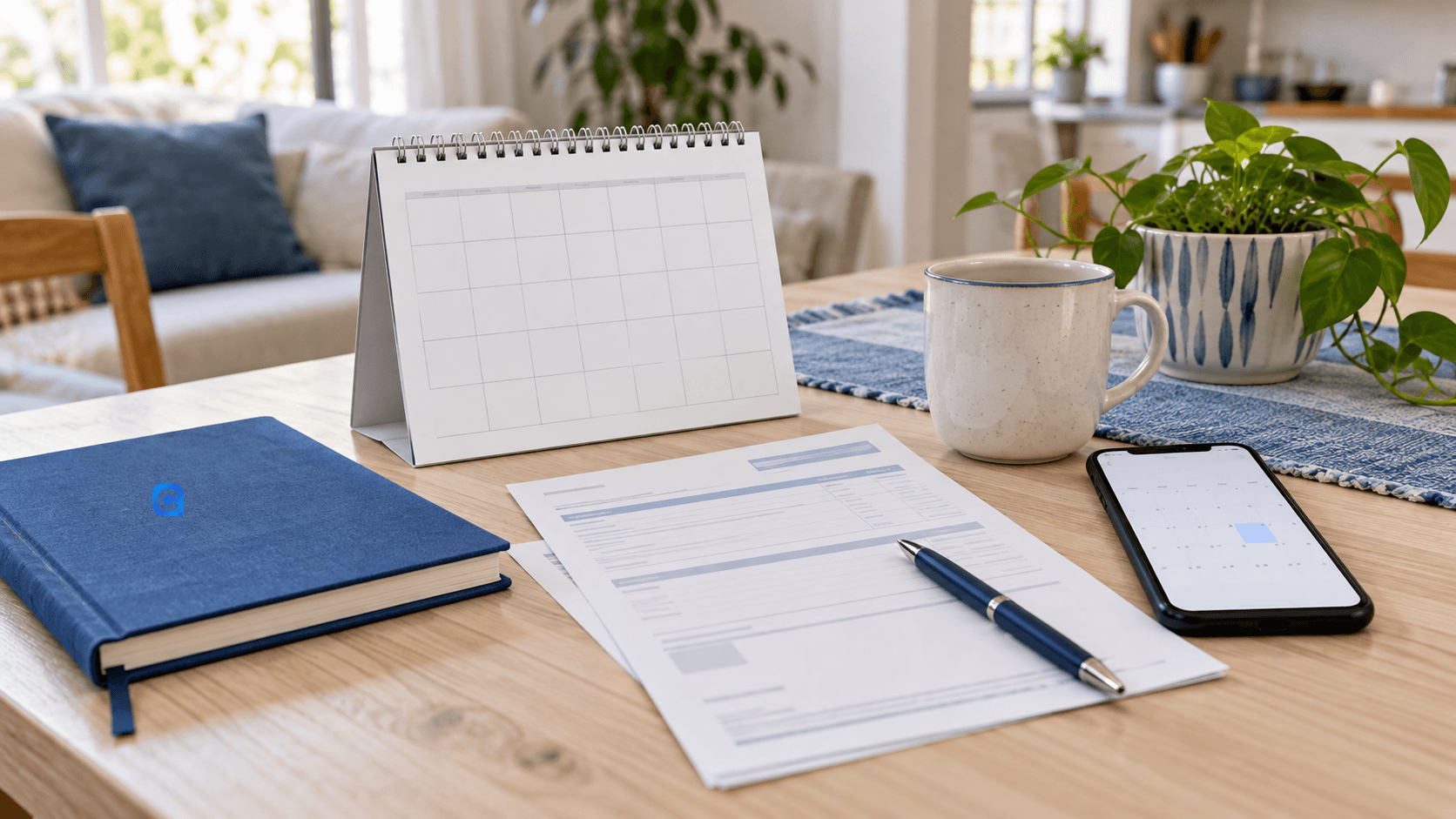 Calendário de papel, caderno azul, fatura e celular organizados sobre uma mesa clara para conferir datas de pagamento.
