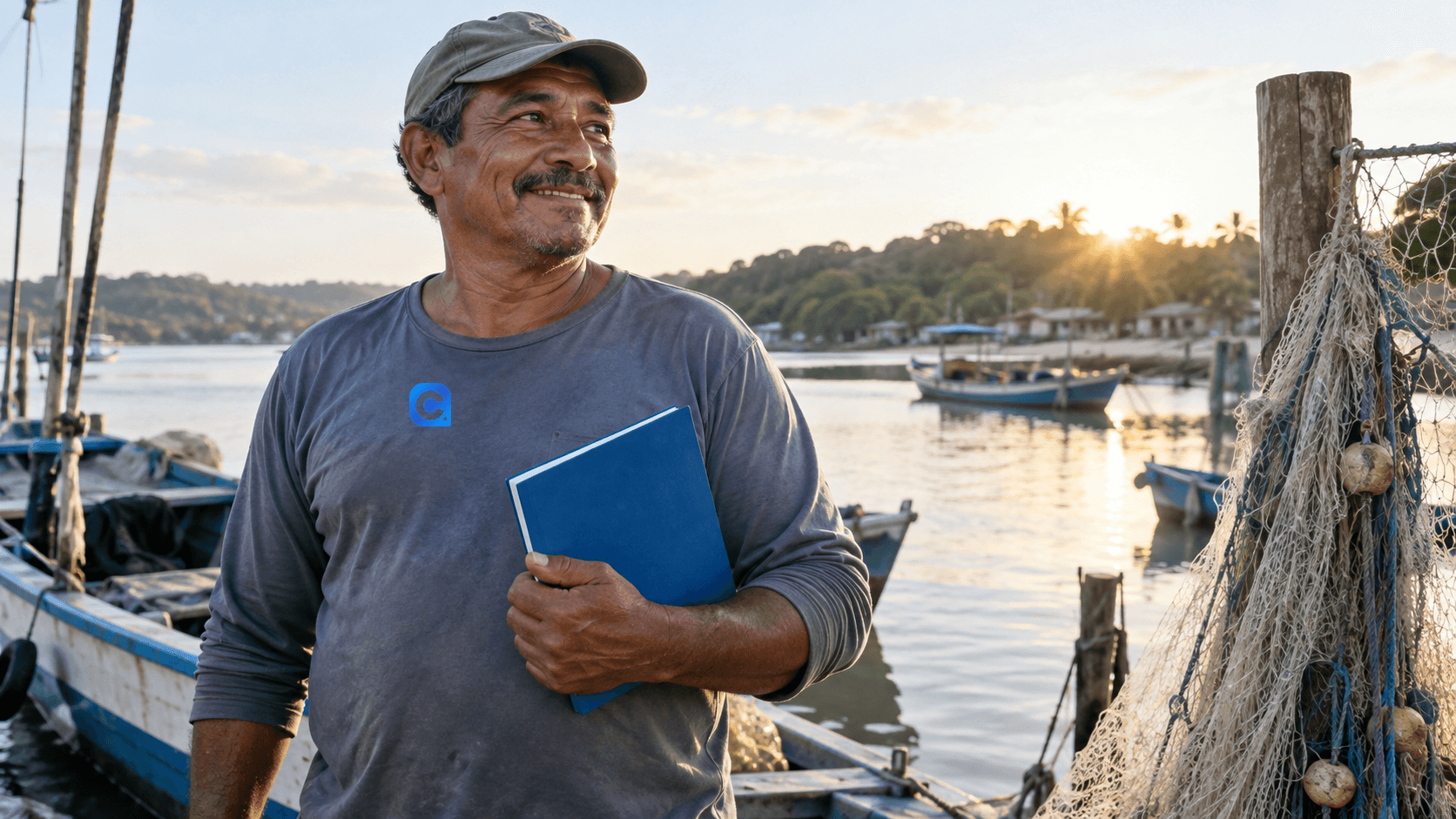 Pescador artesanal próximo a barco e redes, segurando caderno azul e com símbolo Meu Consig inteiro na camisa.