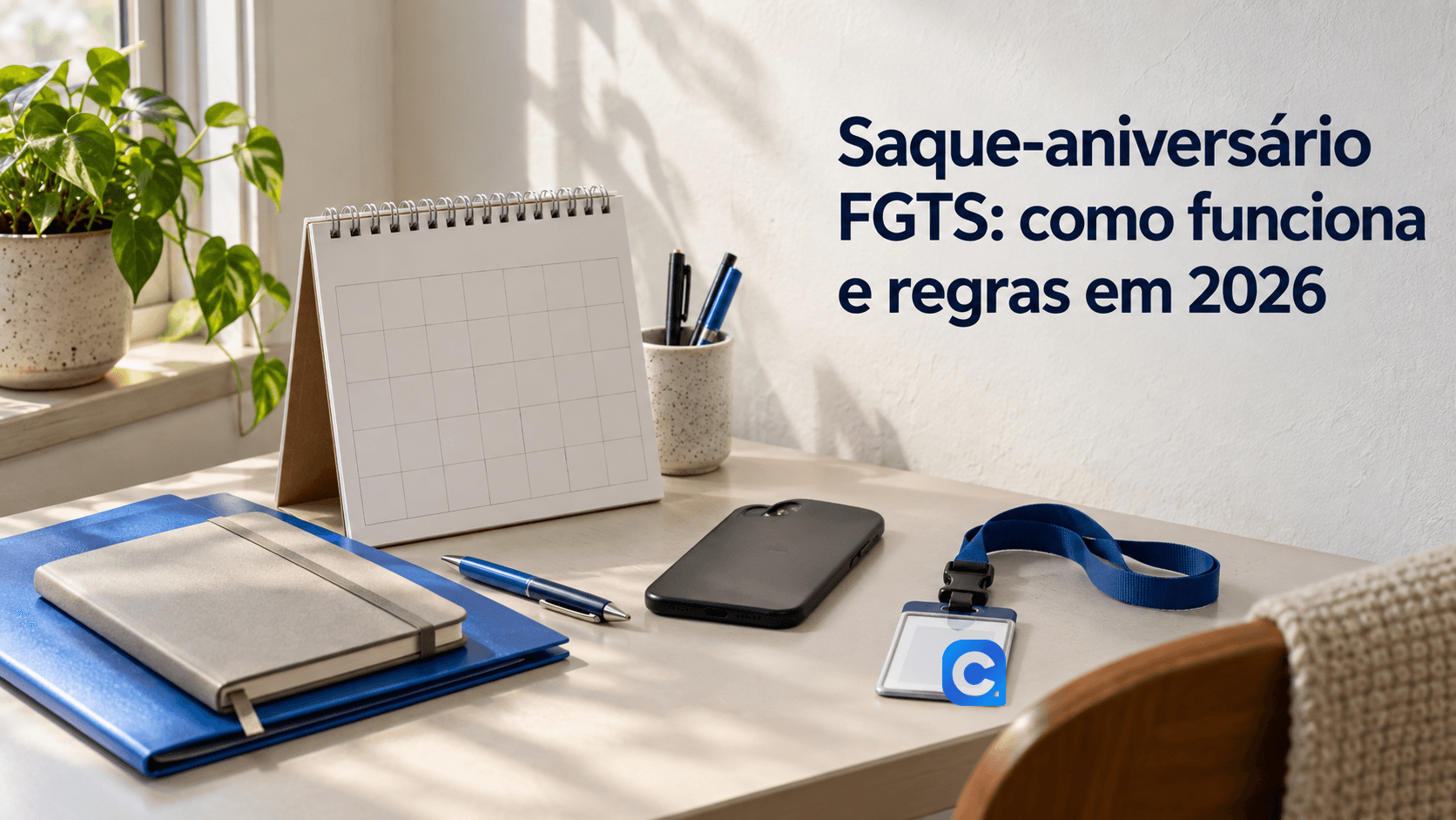 Calendario e materiais de trabalho sobre a mesa; o simbolo do Meu Consig aparece no cracha.