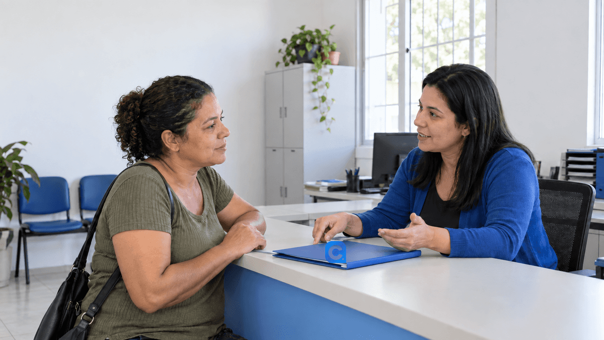 Duas mulheres conversam diante de um balcão de atendimento, com uma pasta azul entre elas.