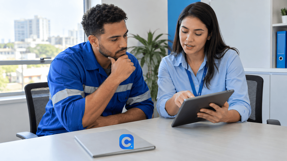 Trabalhador de uniforme azul consulta um tablet com uma assessora, com símbolo Meu Consig no caderno cinza.