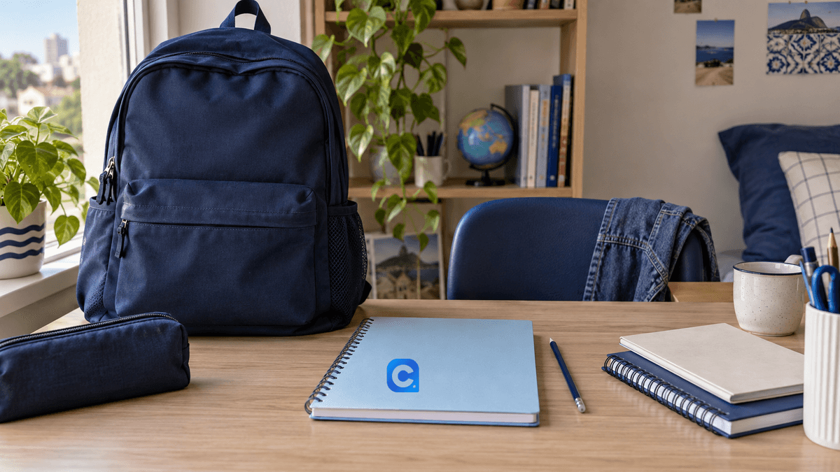 Mochila azul e cadernos sobre uma mesa de estudos, com símbolo Meu Consig no caderno azul-claro.