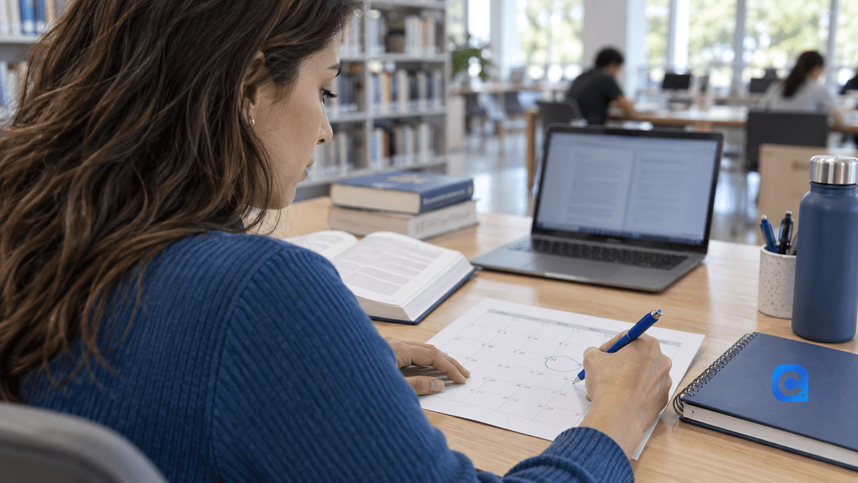 Candidata estuda em biblioteca e marca uma data em calendário impresso, com notebook ao fundo e caderno azul à mão.