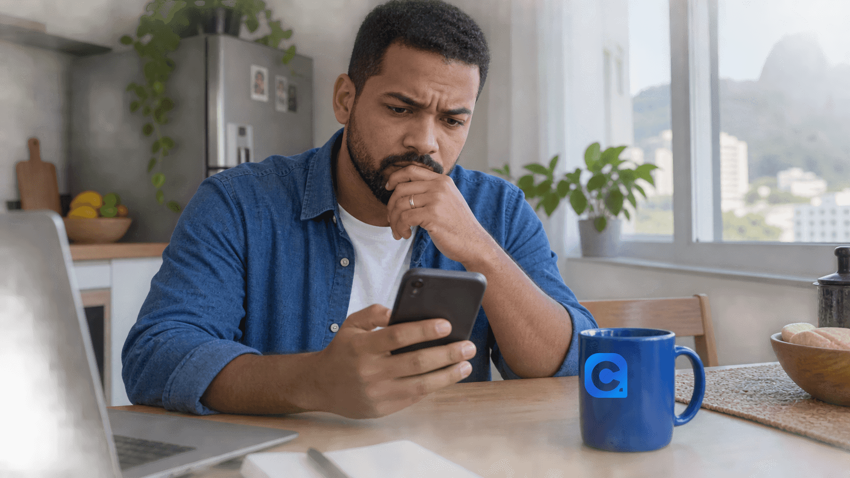 Trabalhador conferindo uma movimentação desconhecida no celular.