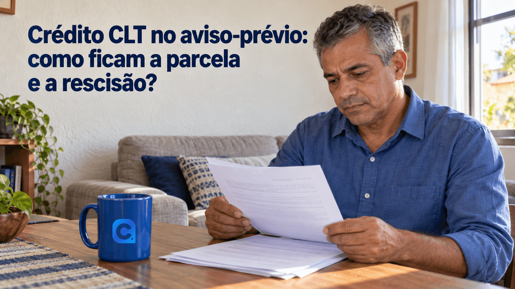 Trabalhador de camisa azul revisa documentos genéricos em casa, com uma caneca azul contendo o símbolo oficial do Meu Consig sobre a mesa.