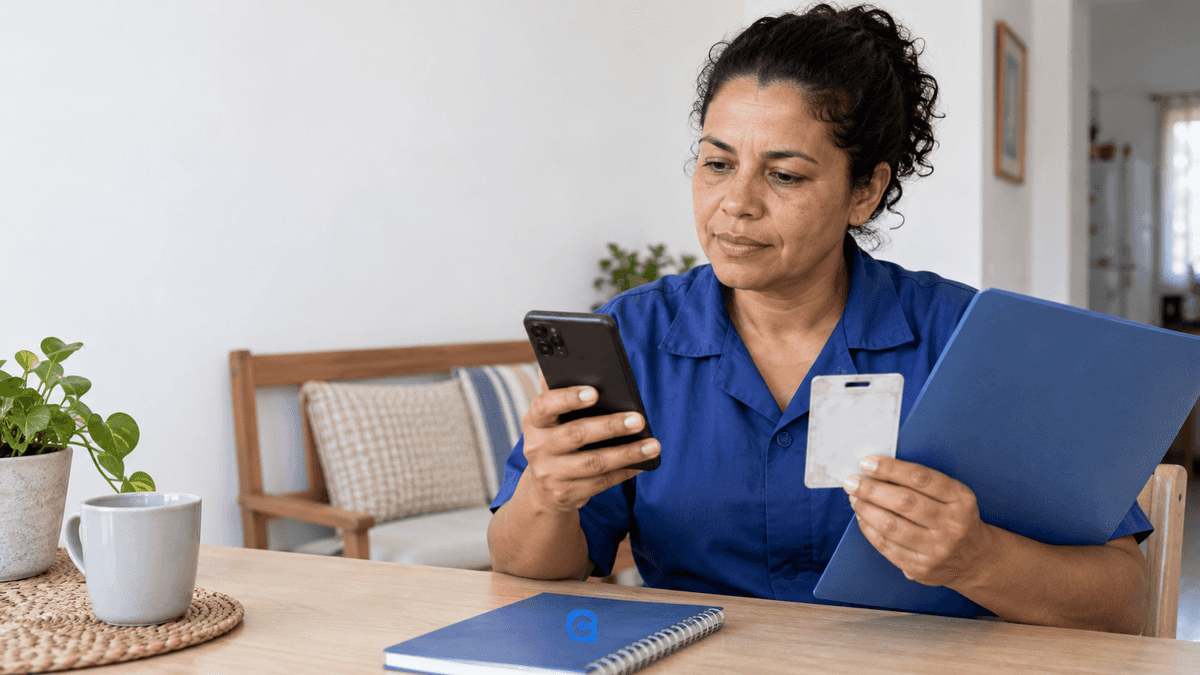 Trabalhadora organiza documentos de um vínculo antigo e do novo emprego enquanto consulta o celular em casa.