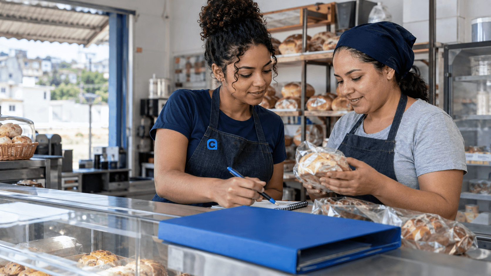 Duas trabalhadoras conversam enquanto conferem produtos em uma padaria; uma pasta azul está sobre o balcão.