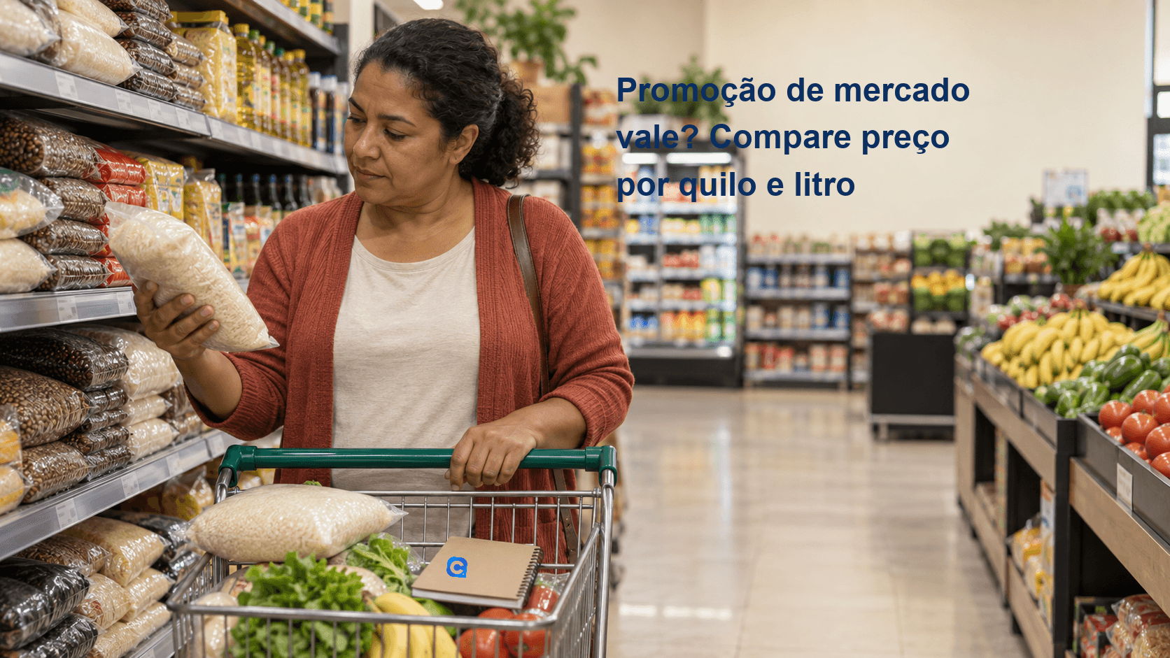 Consumidora compara um pacote de arroz na mão com outra embalagem na cesta do carrinho, em corredor de supermercado; caderno de compras apoiado entre os produtos.