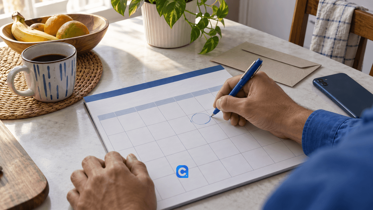 Mão marca um dia em calendário de papel sobre mesa clara, com caneta azul e celular.