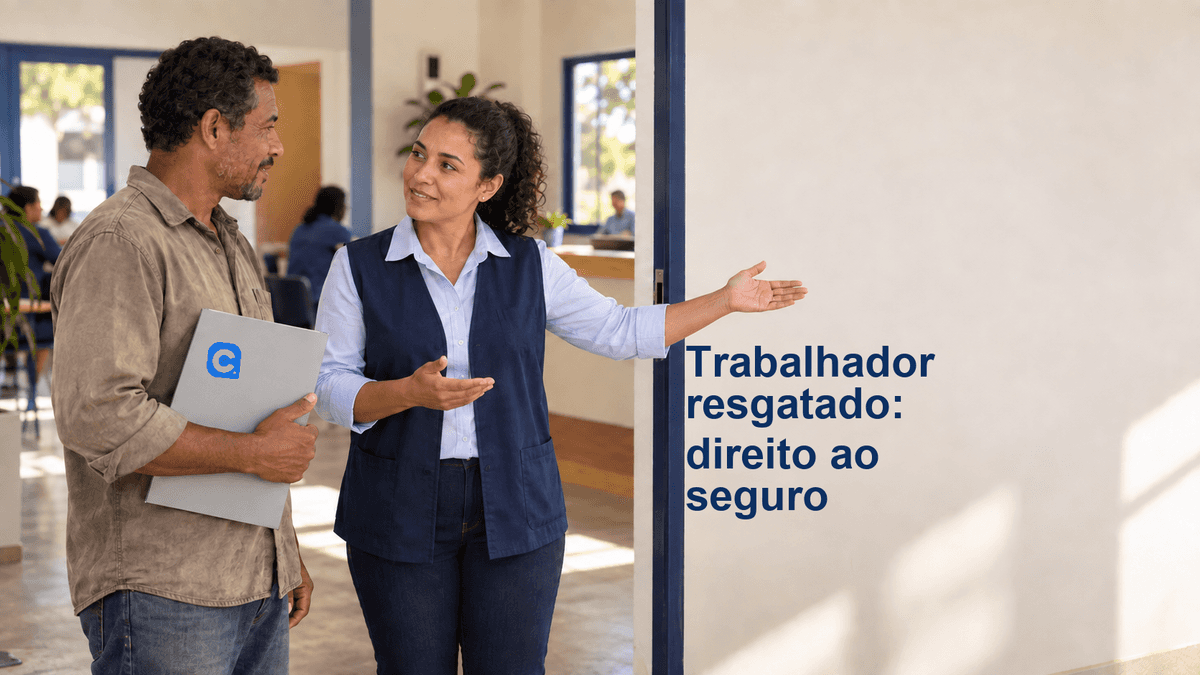 Trabalhador conversa com orientadora em centro comunitário, segurando pasta clara com o símbolo Meu Consig.