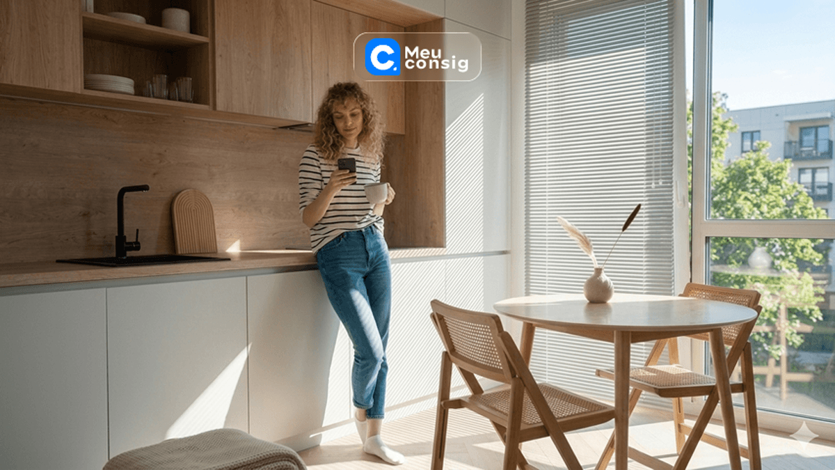 mulher celular feliz relaxada cozinha
