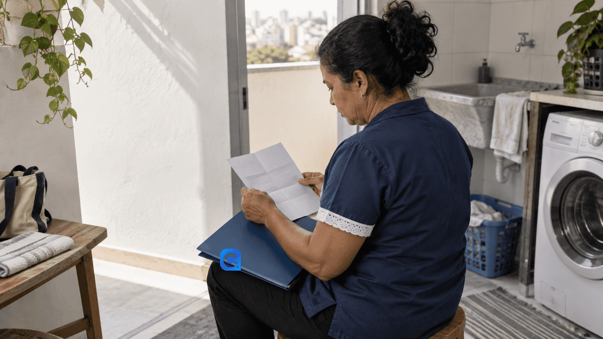 Trabalhadora doméstica adulta confere um documento previdenciário em casa, com pasta azul que exibe o símbolo oficial do Meu Consig.