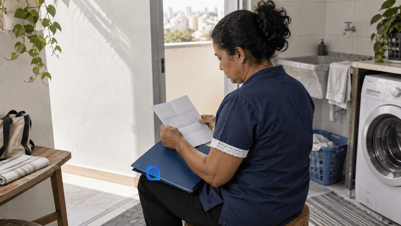 Trabalhadora doméstica adulta confere um documento previdenciário em casa, com pasta azul que exibe o símbolo oficial do Meu Consig.