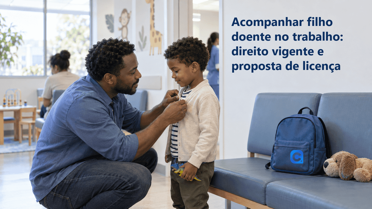 Pai ajeita o casaco do filho em uma sala de espera pediátrica, com mochila azul no banco ao lado.