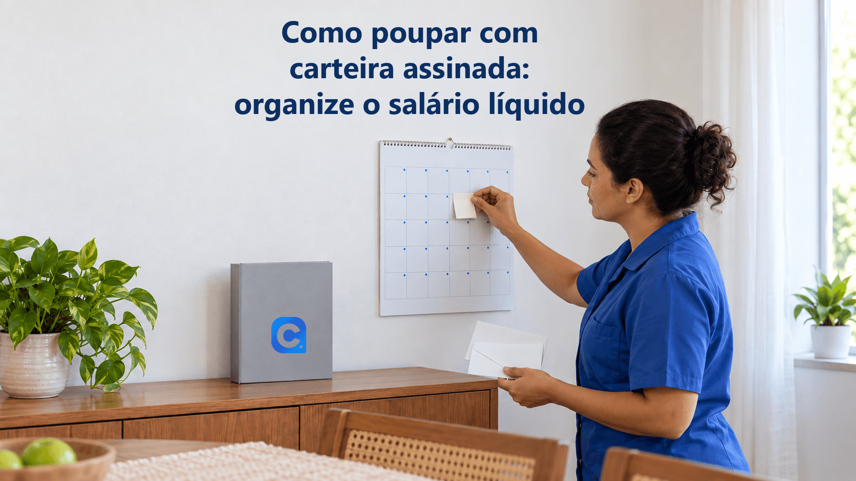 Trabalhadora de uniforme azul organiza vencimentos com notas sem texto em calendário doméstico e segura envelopes, com símbolo Meu Consig na pasta cinza apoiada no aparador.