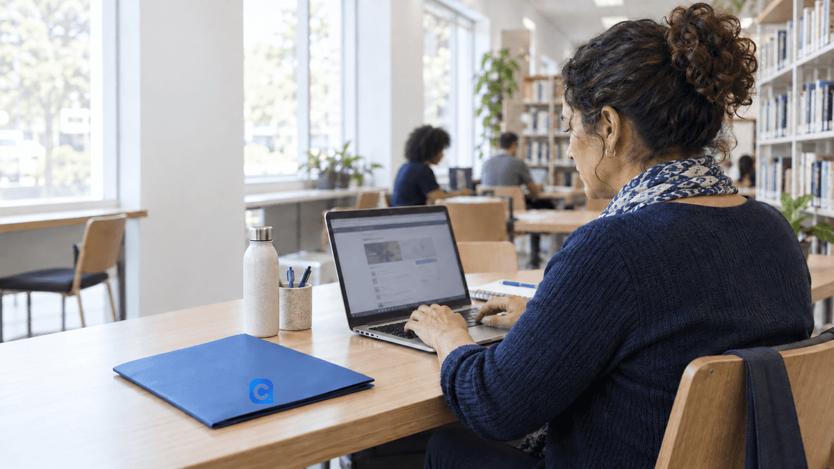 Mulher consulta serviços digitais em computador, com pasta azul Meu Consig sobre a mesa