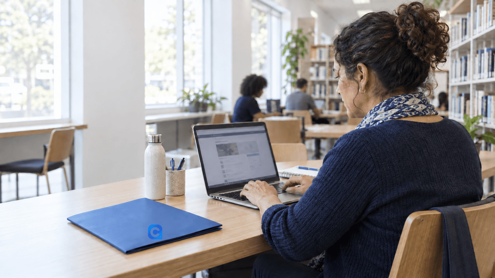 Mulher consulta serviços digitais em computador, com pasta azul Meu Consig sobre a mesa