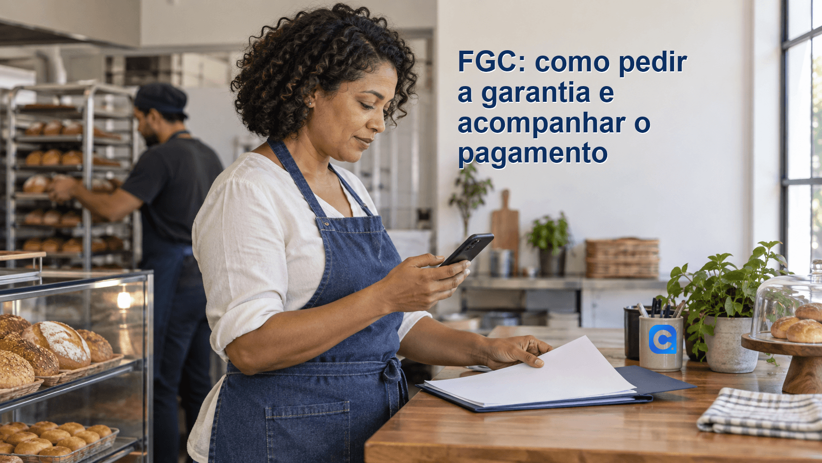 Trabalhadora de padaria confere o celular e organiza papéis pessoais ao fim do turno; o símbolo Meu Consig aparece no porta-utensílios cerâmico.